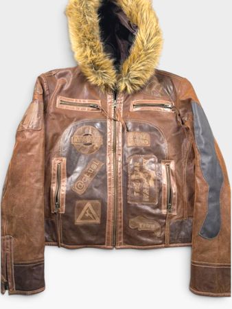 Veste en Cuire Y2K vintage avec capuche fourrure 