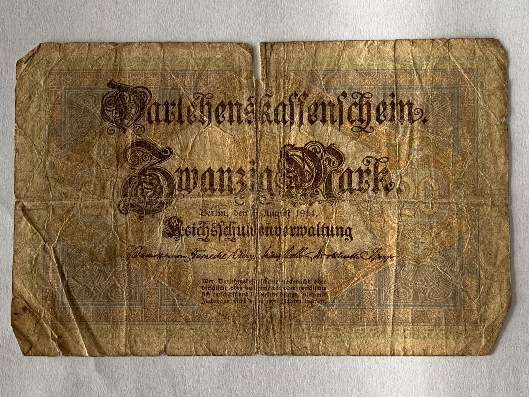 Banknoten: Reichsbanknote Dahrlehnskassenschein – Gebraucht aus Niederrohrdorf von troch 1