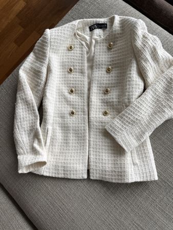 Zara Tweed Blazer Jacket White Gold Buttons Size S