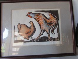 Gravure 2 poules par Hans Uells 35/35