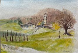 Susanne Dittus,  Aquarell - Kirche im Süden, Tessin ?