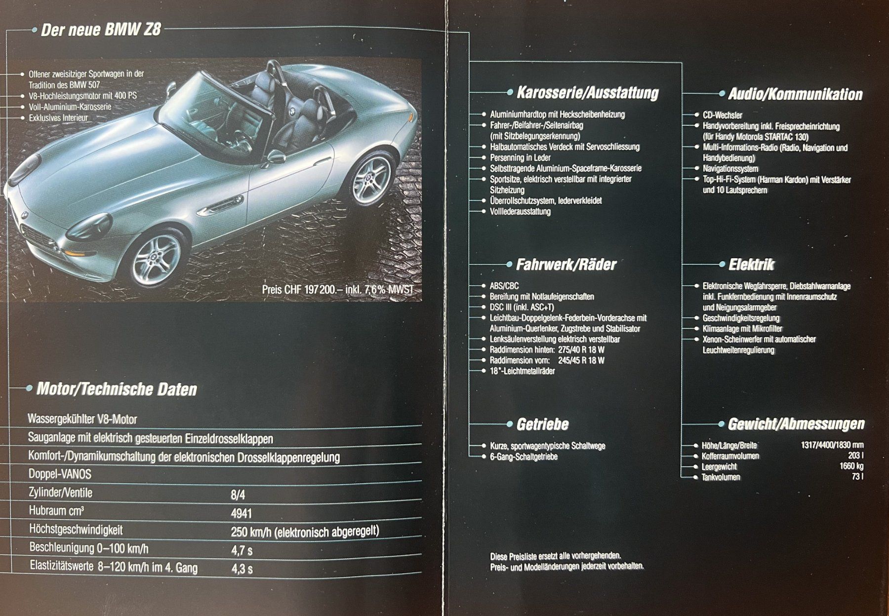 BMW Documenti: ORIGINAL PREISLISTE | BMW Z8 - TYP E52 | AB 01.03.2002 – Usato da Unterägeri venduto da Isha04 2