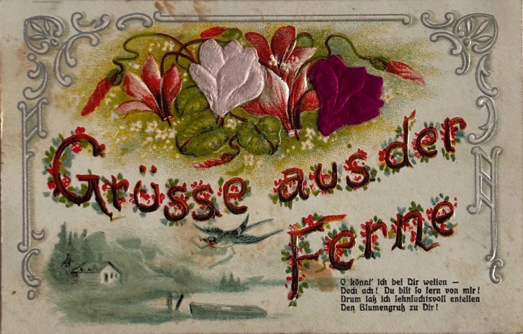 Prägedruck, Seide, Jugendstil, Grüsse aus der Ferne, Rosen (Gebraucht ...