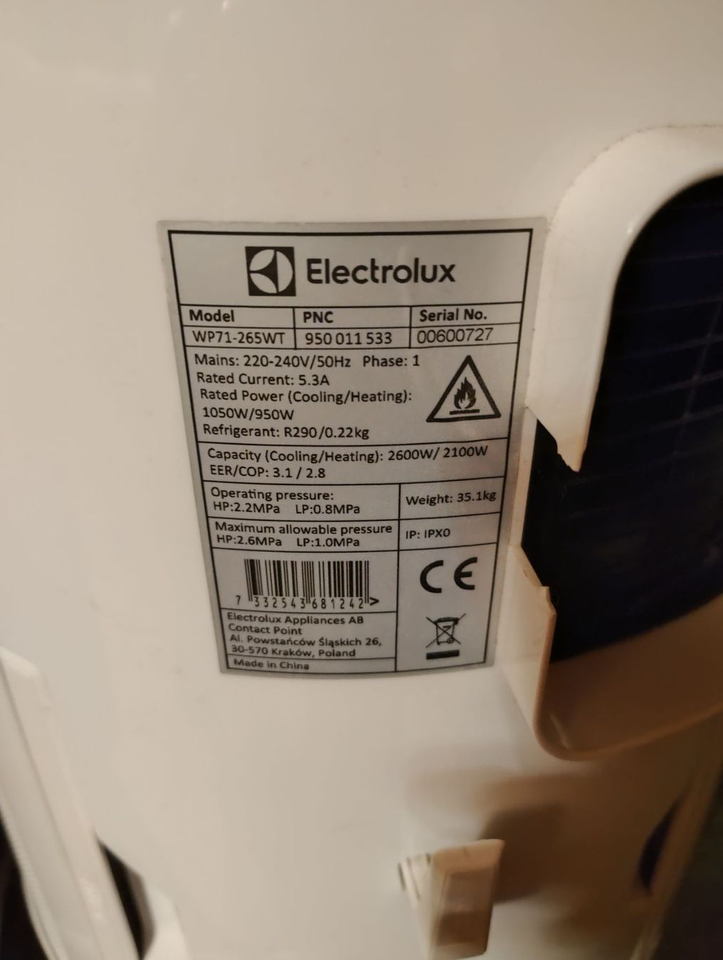 Electrolux Klimageräte: Klimagerät Electrolux WP71-265WT sehr effizient, APP, FB – Gebraucht aus Rüti ZH von Lux05 9