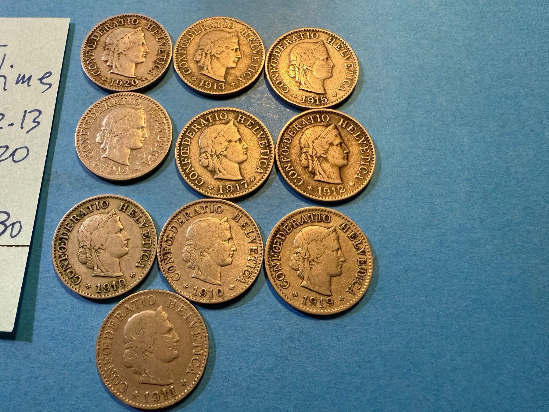 Tutti le monete: SUISSE : 10 X 5 CENTIMES 1910 à 1920 – Usato da genève venduto da GEnumist 1
