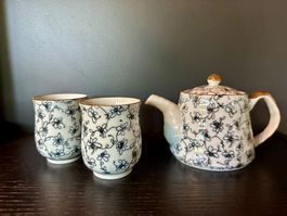 Tee Set, Teekanne, Tea Pot, 2 Tassen - Muster Blau