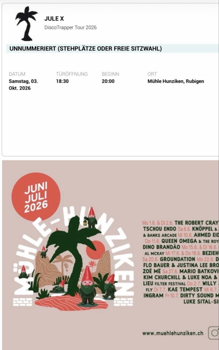 Billets: JULE X Ticket Konzert – Neuf (Voir description) à Thierachern par due_ls6w