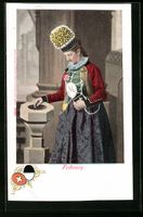 Fribourg, Dame in Tracht in der Kirche