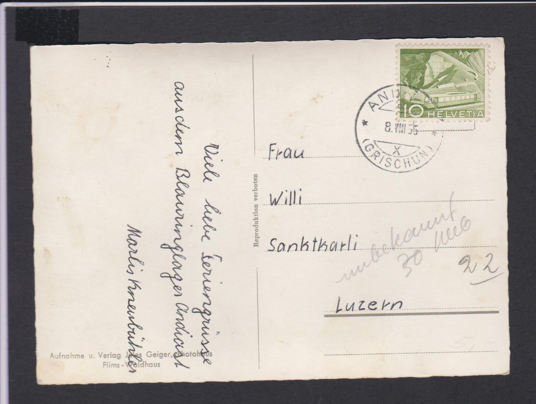 Ansichtskarten: Andiast   GR   :   alte Ansichtskarte von 1955 – Gebraucht aus Vitznau von Ropaku 1