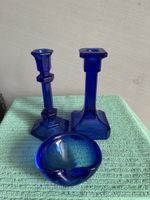 Blaue Vintage Glas Deko Set, Kerzenständer und Schale