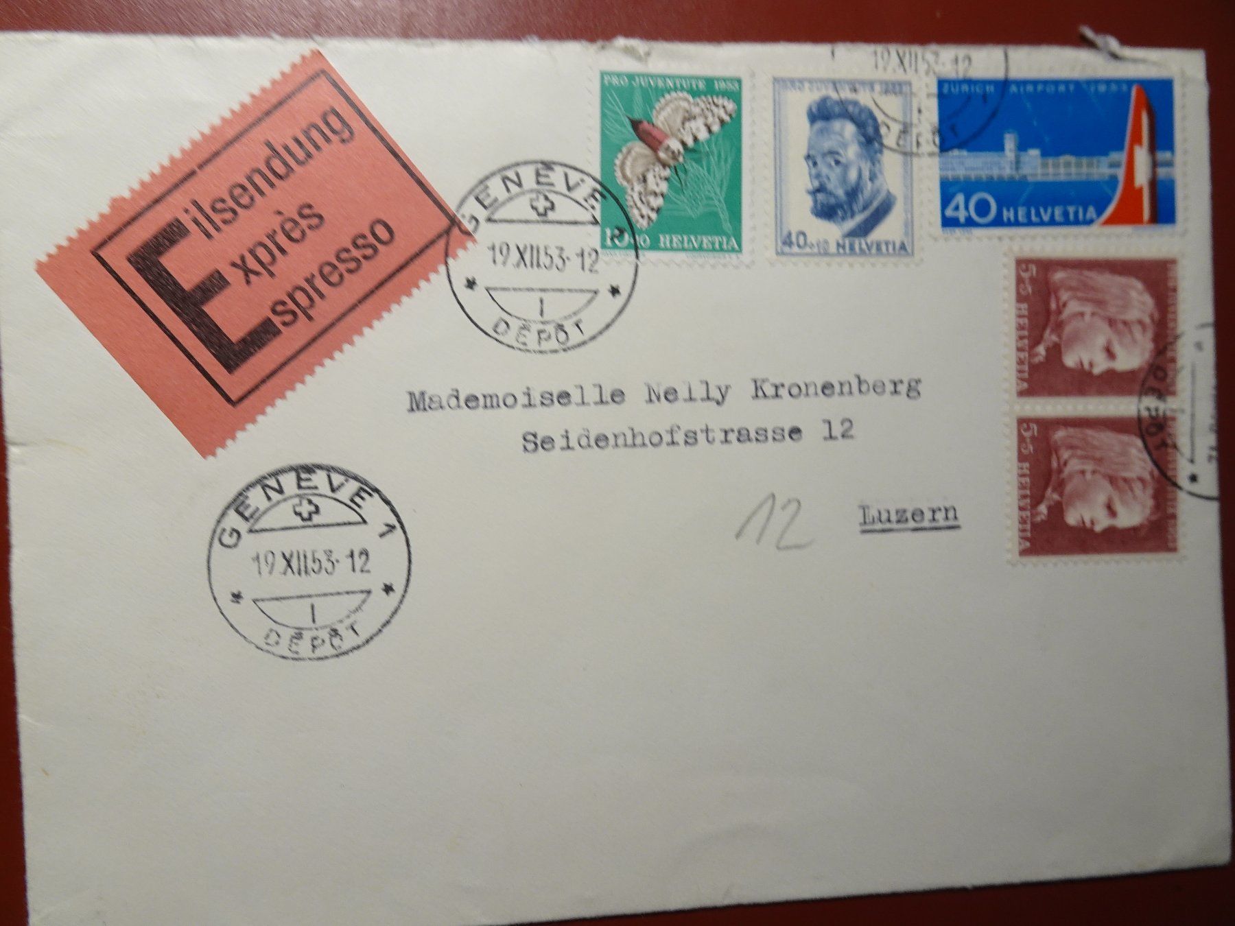 Alle Briefmarken: 19.XII.53., GENEVE NACH LUZERN, – Gebraucht aus Eschenbach SG von eDaisy