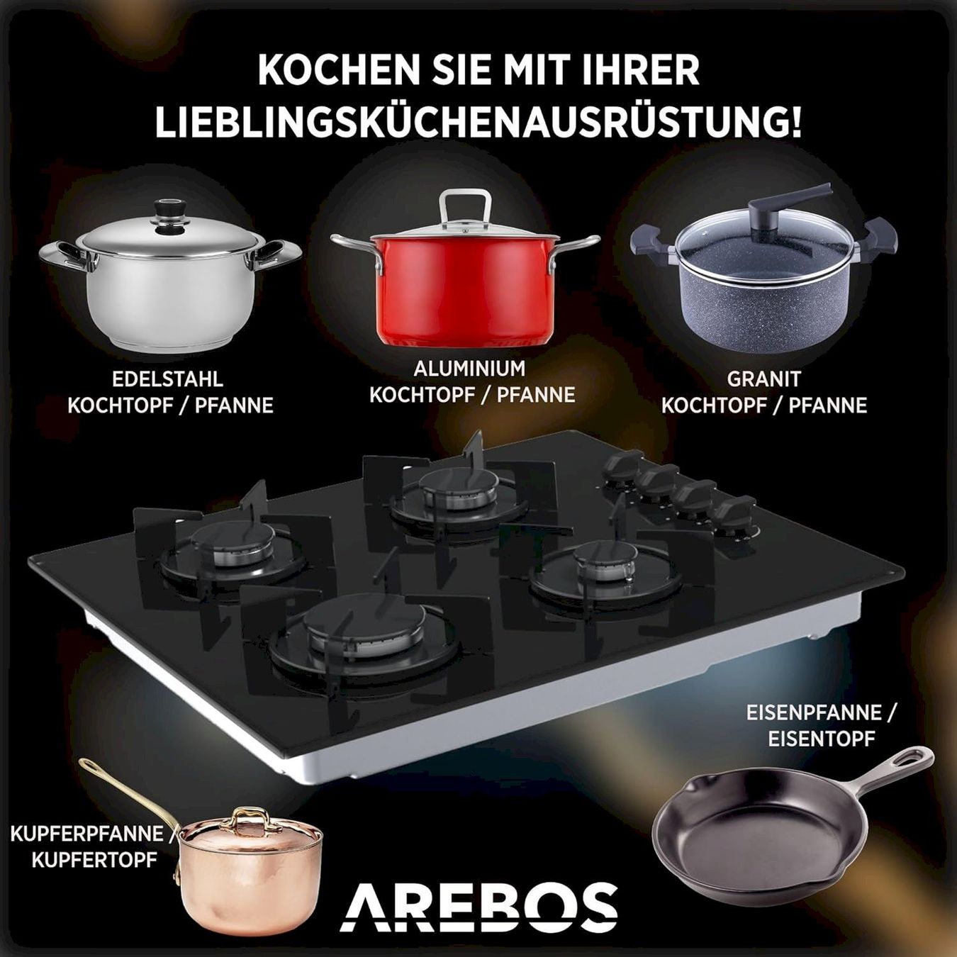 Herde: Arebos Gaskochfeld 60cm 4-flammig – Neu und originalverpackt aus Bottighofen von zaap 4