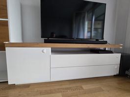 TV-Lowboard, weiss mit Holzoptik, 2 Schubladen und 1 Türe
