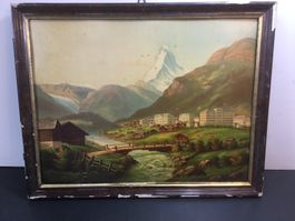 Antikes Bild von Zermatt mit Matterhorn im Holzrahmen