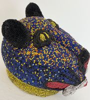 Glasperlen besetzter alter Leopard Bamileke Kamerun L 21 cm