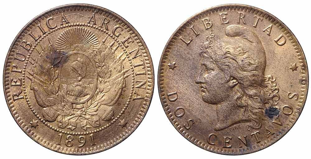 Tutti le monete: Argentina 2 Centavos 1891 – Usato da Chiasso venduto da Novamarketing