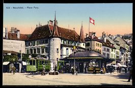 AK Neuchatel, Place Pury, Straßenbahn