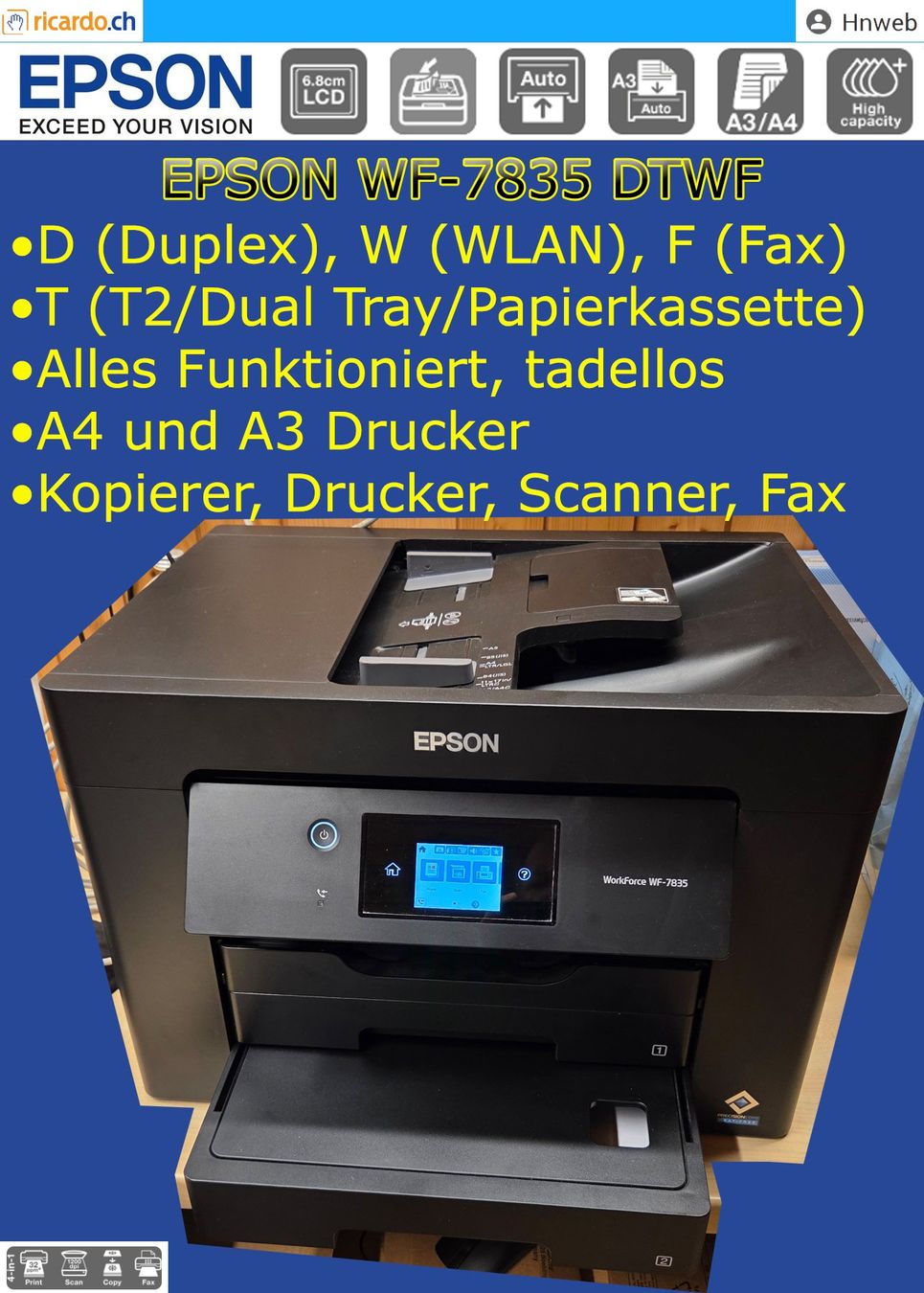 Epson Drucker: Epson WorkForce WF-7835DTWF Multifunktionsdrucker – Gebraucht aus Kaisten von Hnweb