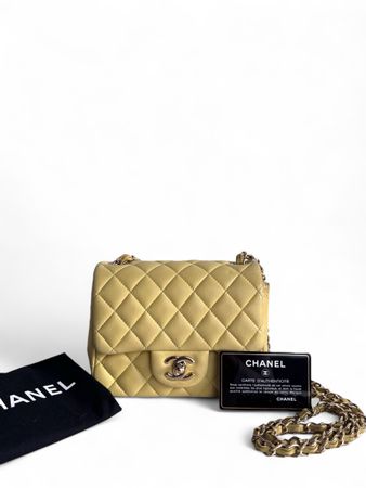 CHANEL Light Yellow Lambskin Quilted Mini Square Flap Tasche