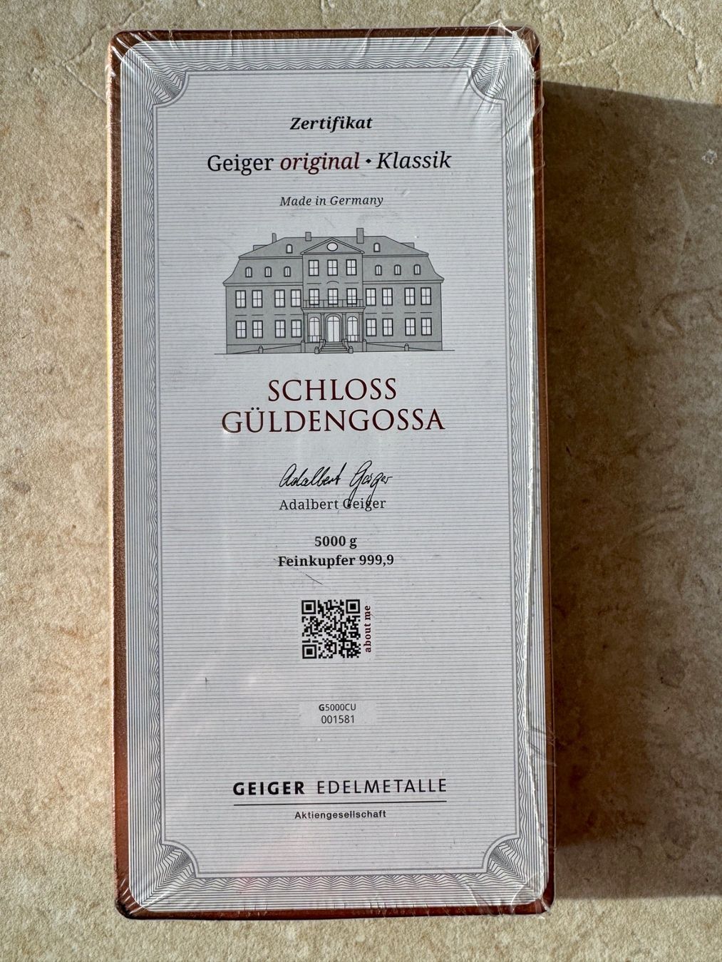 Geiger Edelmetalle 500g 999 Kupferbarren Feinkupfer Schloss Güldengossa Geiger Edelmetalle 500g 999 Kupferbarren Feinkupfer Schloss Güldengossa