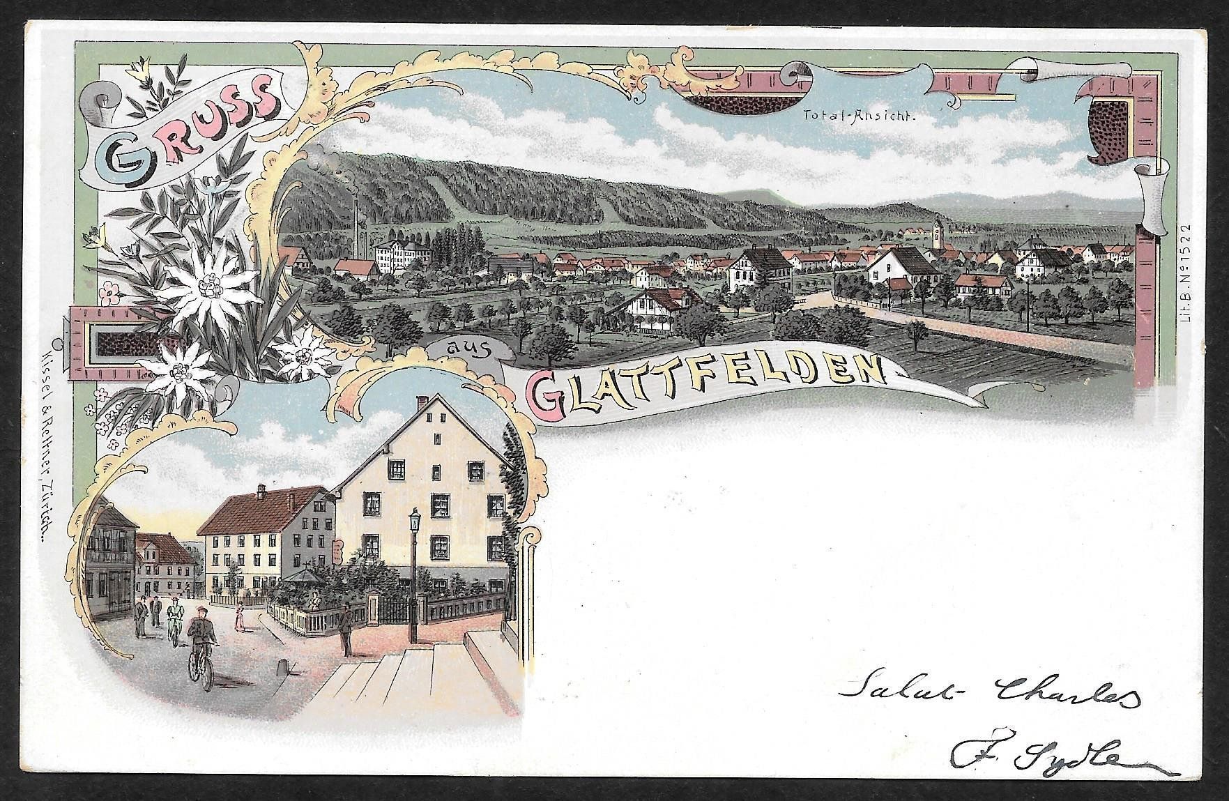 Ansichtskarten: Glattfelden farbige Lithografie 2 Bilder – Gebraucht aus Olten von clotaldi