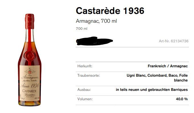 Spirituosen: Armagnac Castarède 1936 – Neu und originalverpackt aus obfelden von Jetztaber 1