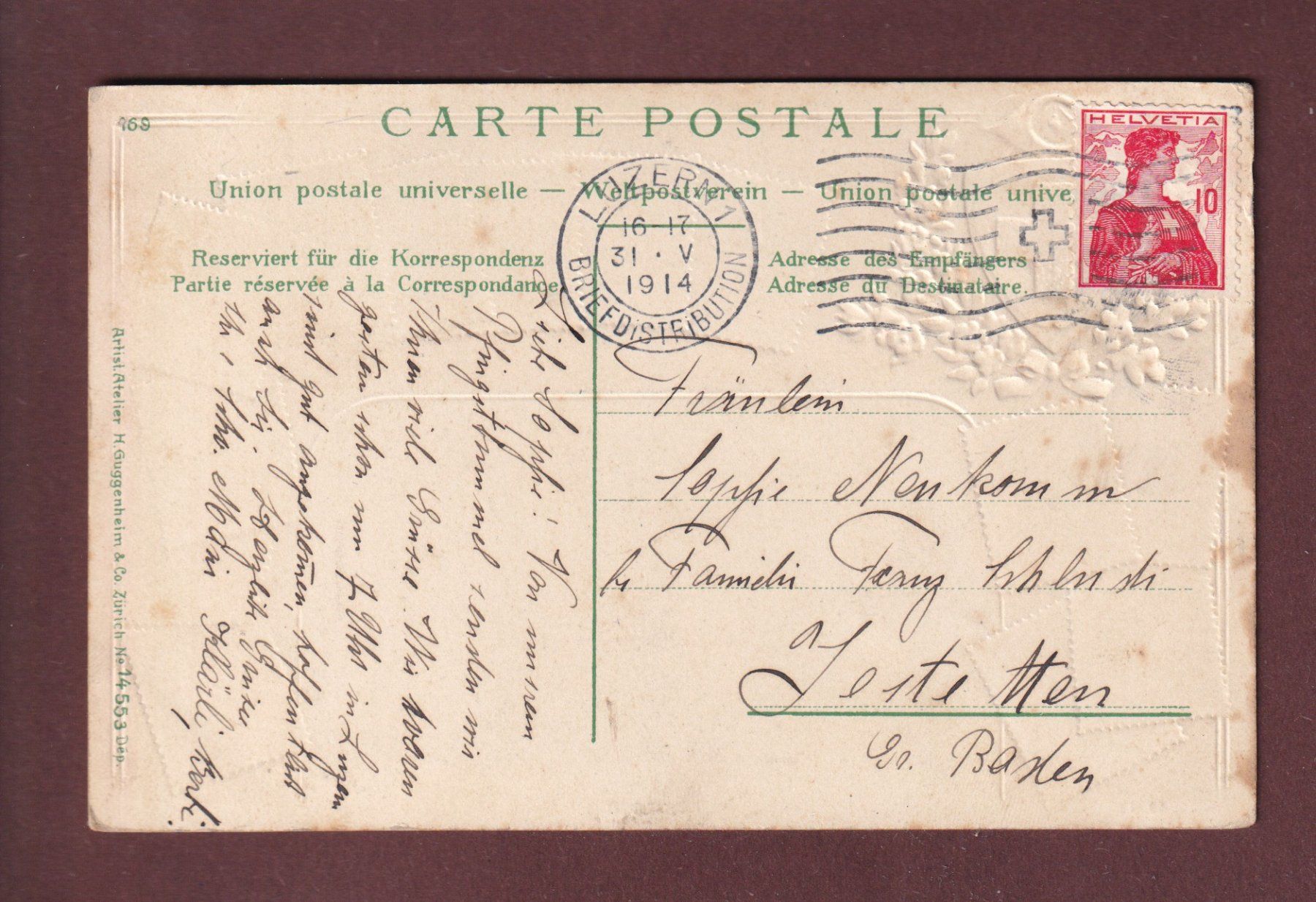 Cartoline postali: LUZERN - Briefmarken - 1914 Präge – Usato da Pully venduto da nicecards 1