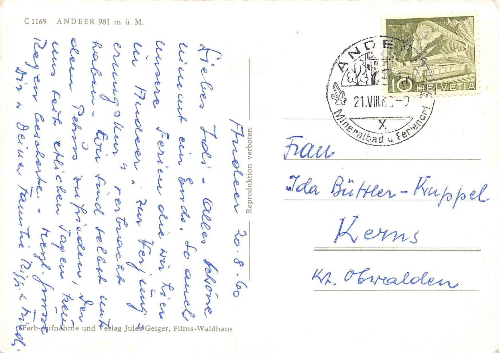 Cartoline postali: Andeer – Usato da Ottikon b.Kemptth. venduto da Neptun1974 1