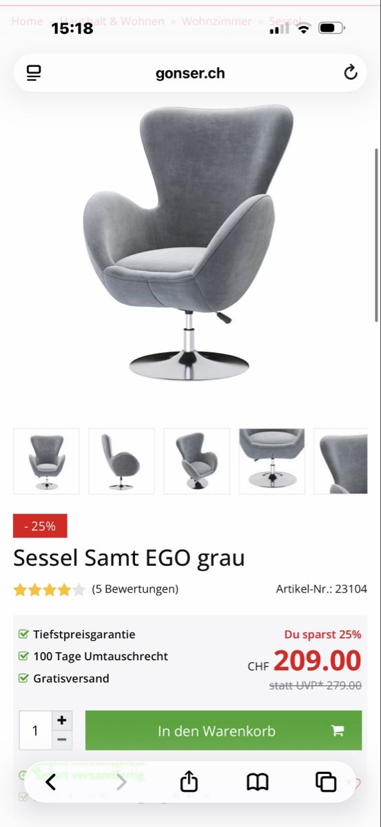 Gonser Sessel: Sessel Samt EGO grau  – Gebraucht aus Kappel am Albis von Kitty1991