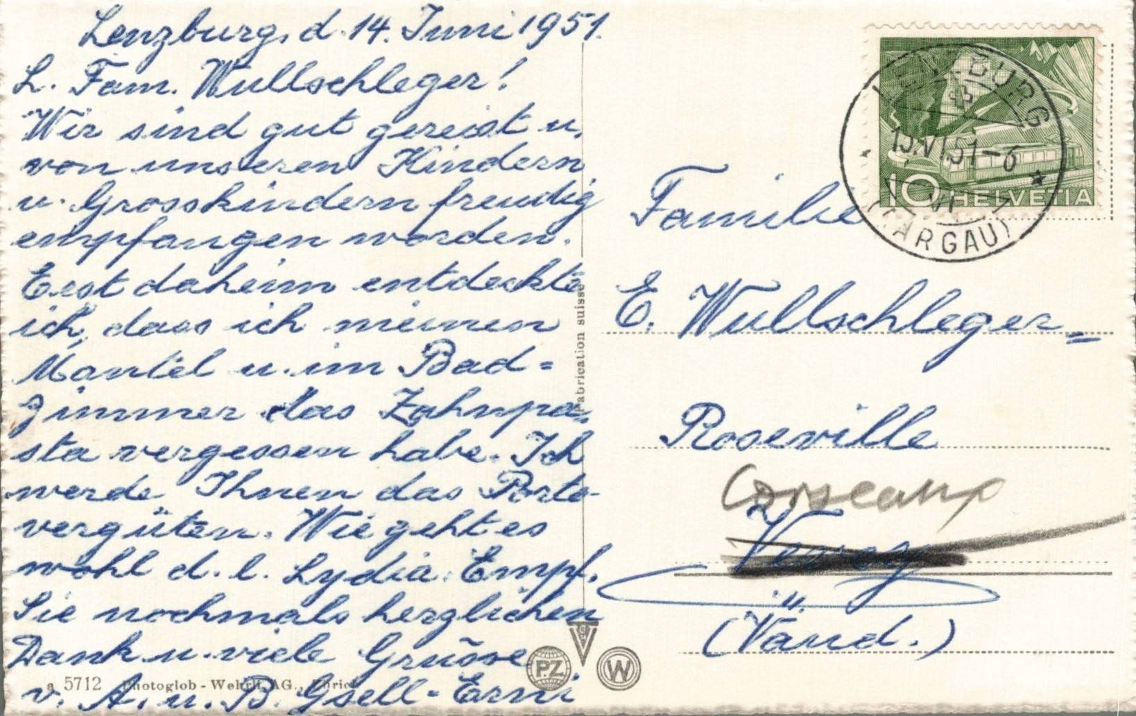 Cartoline postali: Ansichtskarte Lenzburg, Schweiz, 14. Juni 1951 – Usato da Luzern venduto da Kartenansicht 1