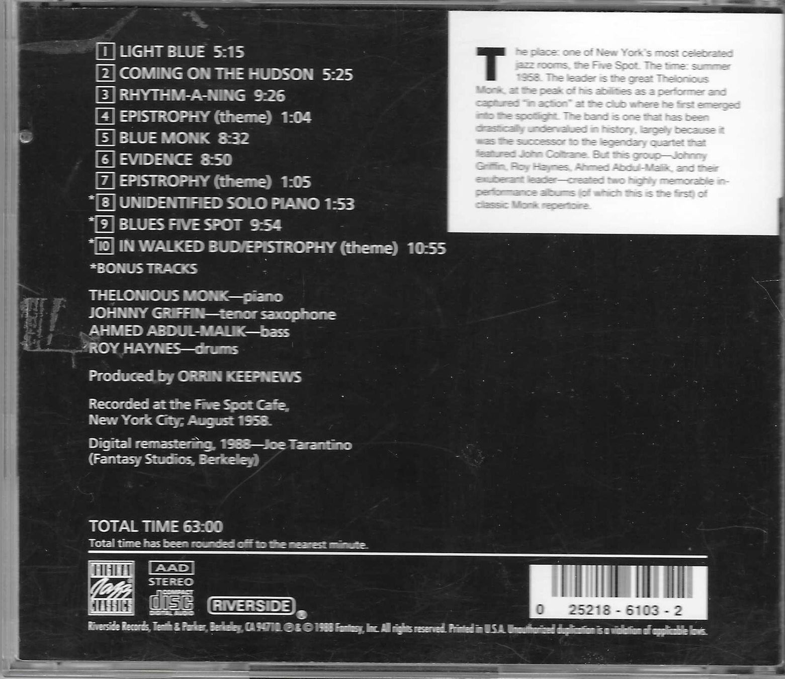 CDs: THELONIOUS MONK QUARTET  -  THELONIOUS IN ACTION – Gebraucht aus Bex von Giorgiob 1