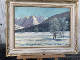 Winterlandschaft Ölgemälde, Schweizer Alpen im Schnee.