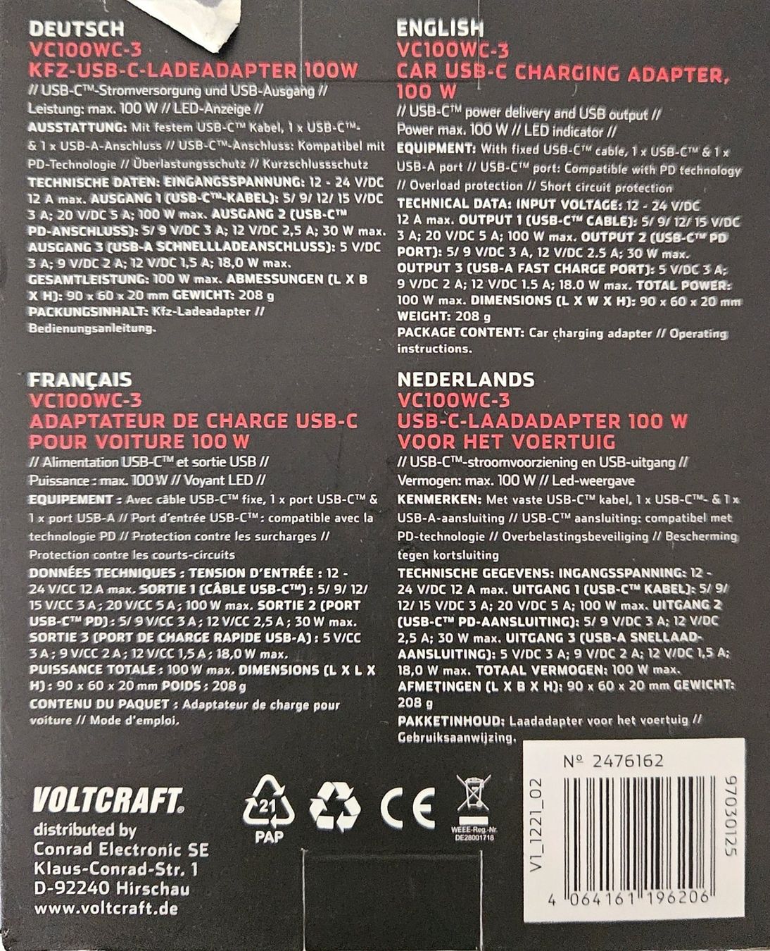 Ladegeräte: KFZ USB-C Ladeadapter 100W VoltCraft neu – Neu und originalverpackt aus Bettlach von streetflash 1