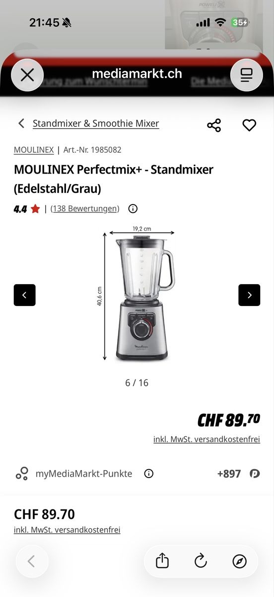 Moulinex Elettrodomestici da cucina: MOULINEX Perfectmix+ - Standmixer – Usato da Grenchen venduto da _Nike_ 4