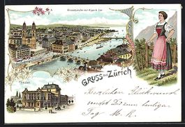 Litho Zürich, Grossmünster mit Alpen, 