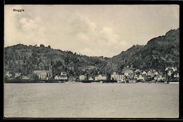 AK Weggis, Dorf am See mit Kirche, Uferbauten und Anlegestel