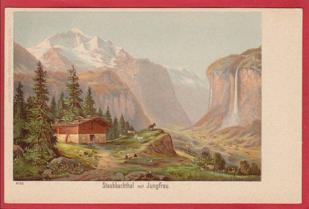 Cartoline postali: STAUBBACHFALL, STAUBBACHTHAL MIT JUNGFRAU, LITHO – Usato da Grüningen venduto da Kartenlaube