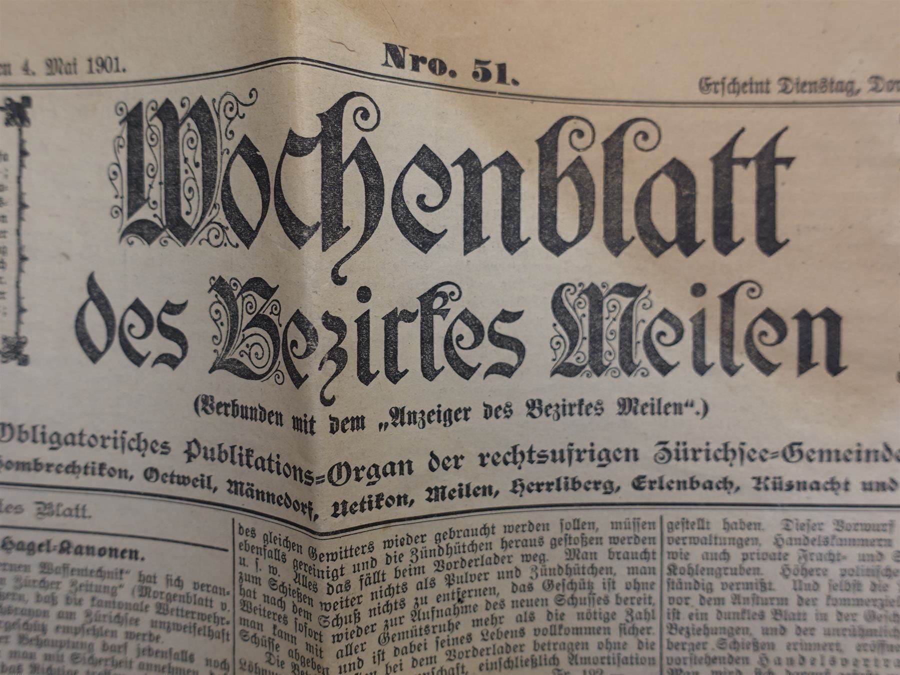 Calendari: Wochenblatt des Bezirks Meilen - 1901 – Usato da Gutenswil venduto da Optico