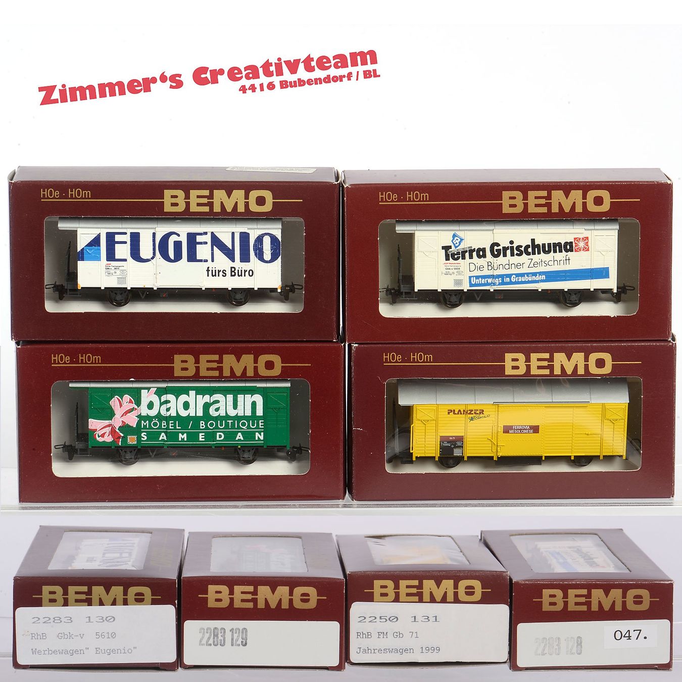 Bemo Modelleisenbahnen: 4 x BEMO RhB Werbe-Güterwagen, H0m, 047 – Gebraucht aus Bubendorf von zimmers_creativteam