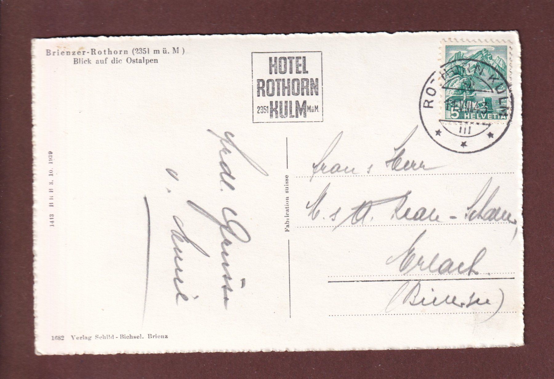 Cartoline postali: BRIENZER-ROTHORN - 1943 – Usato da Pully venduto da nicecards 1