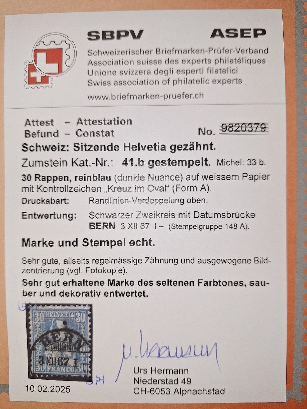 Tutti i francobolli: Sitzende Helvetia 41.b mit Attest Kat. 350.- – Usato da Balgach venduto da SIMEON27 2