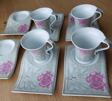 5er Kaffeegedeck mit Rosen-Blumen-Mustern, zart & elegant