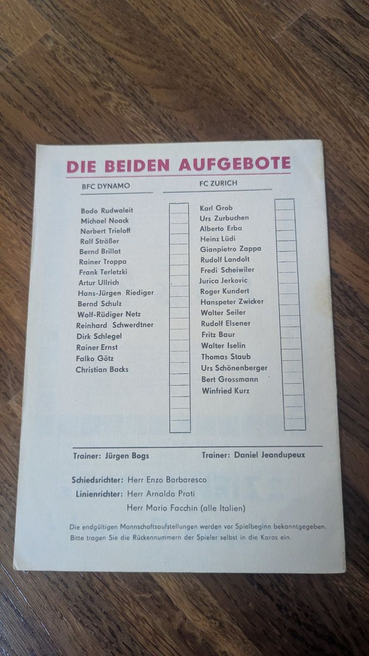 Documenti: FC Zürich Matchprogramm BFC Dynamo, 1981, Rarität! – Usato da Zürich venduto da DebsBre 1