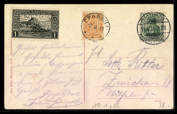Cartoline postali: Myslowitz, Dreikaiserreichsecke: Zar Nik – Usato da Berlin venduto da bartko-reher 1