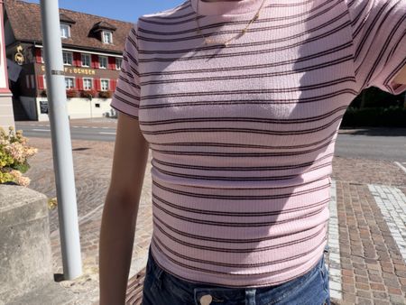 T-Shirt gestreift rosa schwarz Kurzarm Baumwolle guter Zusta