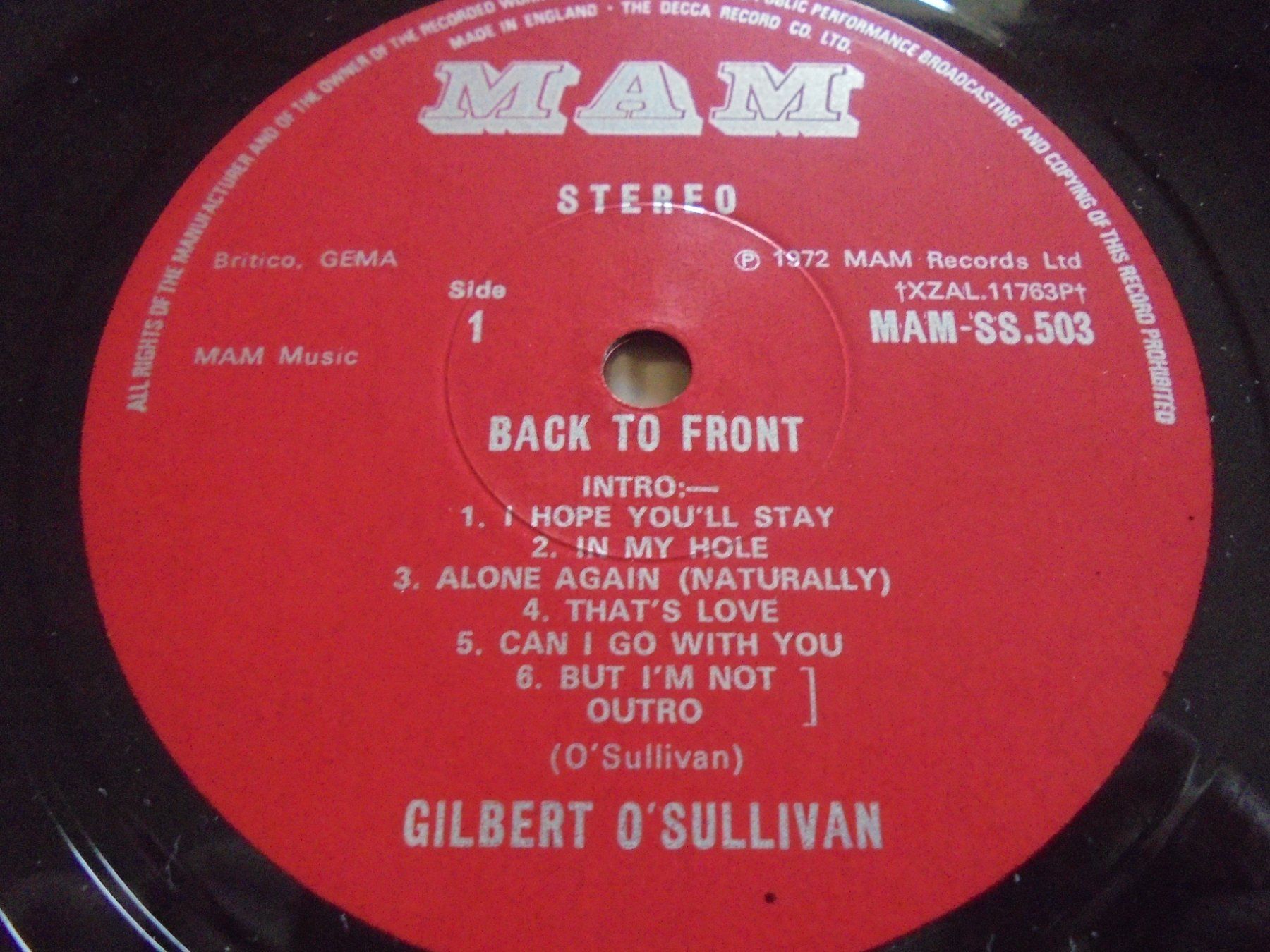 Schallplatten: Gilbert O'Sullivan " Back to front " LP UK 1972 (VG+) – Gebraucht aus Crissier von Promopost 2