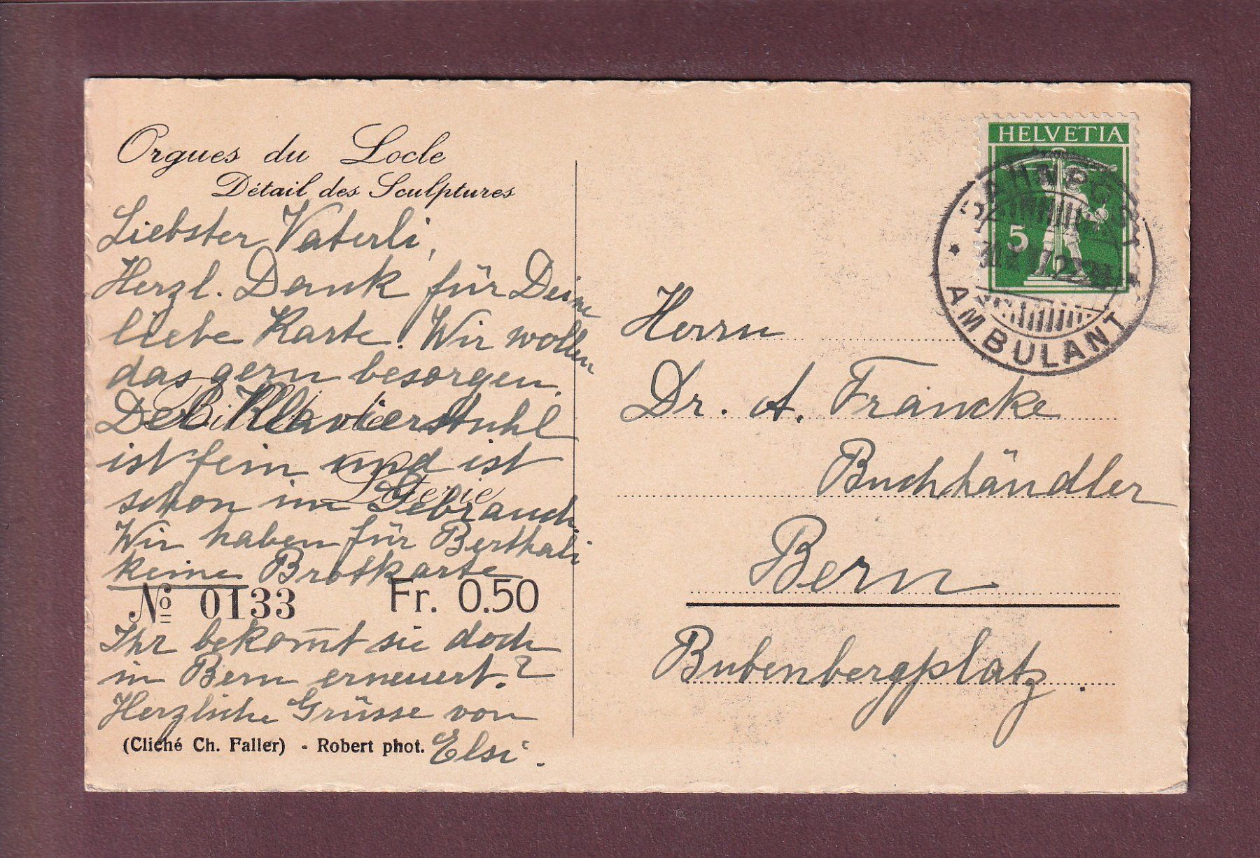 Cartoline postali: LE LOCLE - Orgues - Détail - 1917 – Usato da Pully venduto da nicecards 1