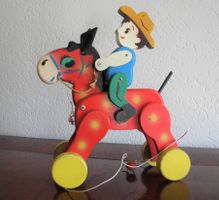 Vintage Cowboy Ross und Reiter Holzspielzeug zum nachziehen