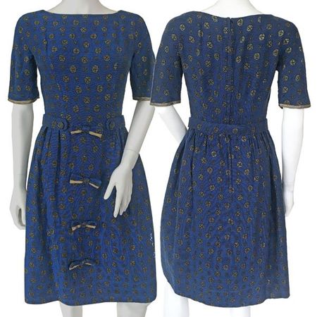 Kleid Gr. S blau-schwarz-gold Bateau-Ausschnitt VINTAGE 50s