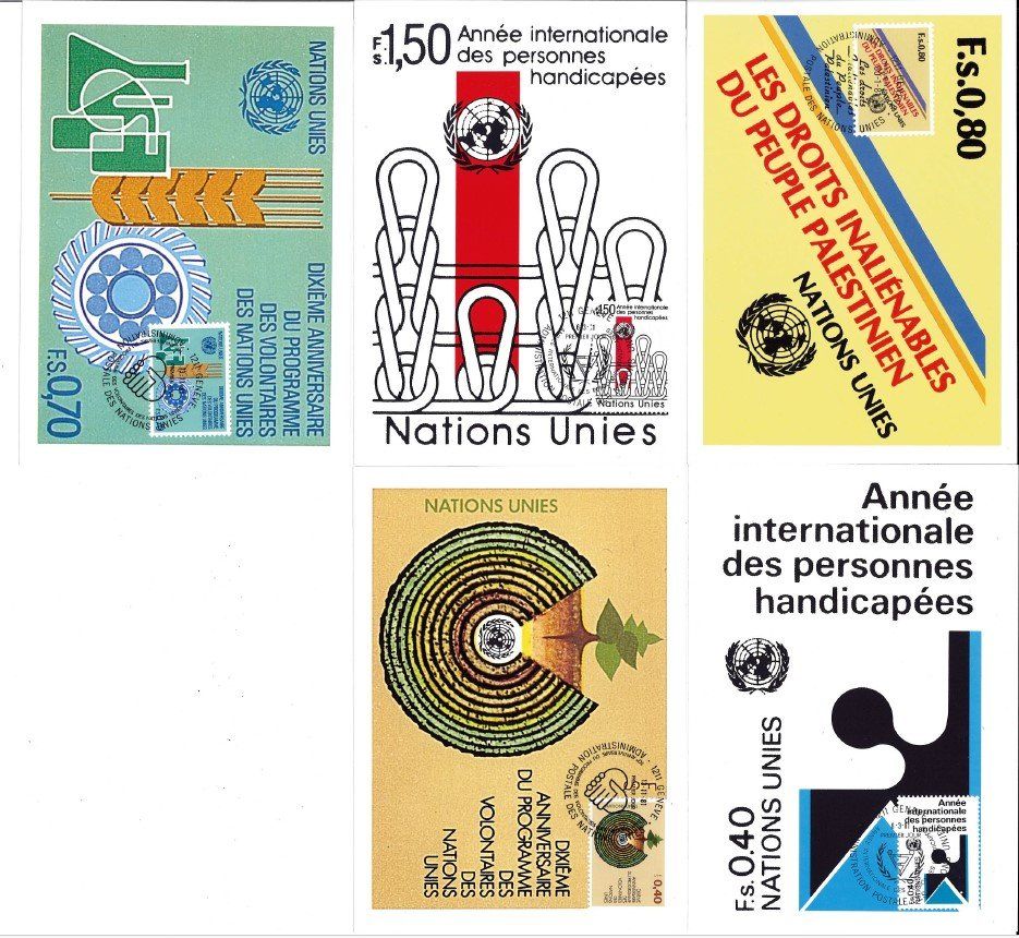 Tutti i francobolli: 5 Maximumkarten Nations Unies 1981 – Usato da Bellach venduto da qsearch